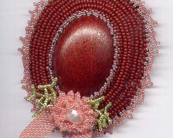 Oval Hat Pin in Brown and Pink with Flower Decoration Seed Beads and Cabochon