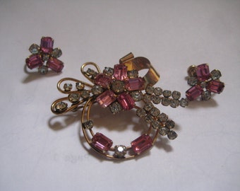 STAR ART Demi Parure in 1/20th 12KT GF With Rose and Crystal Rhinestones Mid Century Jewelry
