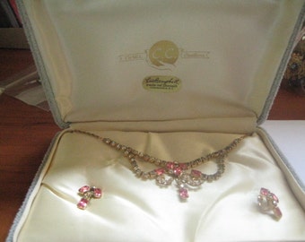 Curtis Creations AKA Uncas 1953 Demi of Rose Rhinestone Choker and Screw On Earrings  1/20th 12KT Gold Filled