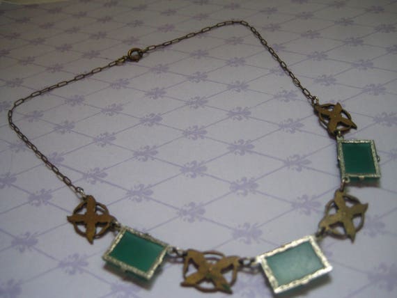 Ornate 20s Chrysophrase Rectangles Choker with Fl… - image 3