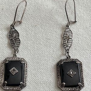 Art Deco Onyx Rectangles with Center Stone In Sterling Frame Filigree Link Pierced Wires