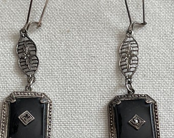 Art Deco Onyx Rectangles with Center Stone In Sterling Frame Filigree Link Pierced Wires