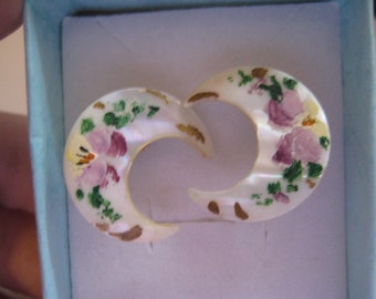 Victorian Hand Painted Flowers on Mother of Pearl Crescent Moon Screw Back Earrings