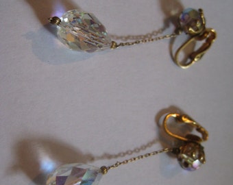 50s Clipback Earrings with Faceted Crystal AB Beads and  Crystal AB Drop Beads