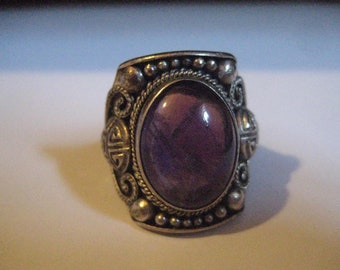 1920s SILVER Chinese Import Mens Adjustable Shank Ring with Amethyst Cabochon 18x13x7mm Over 11 Carats
