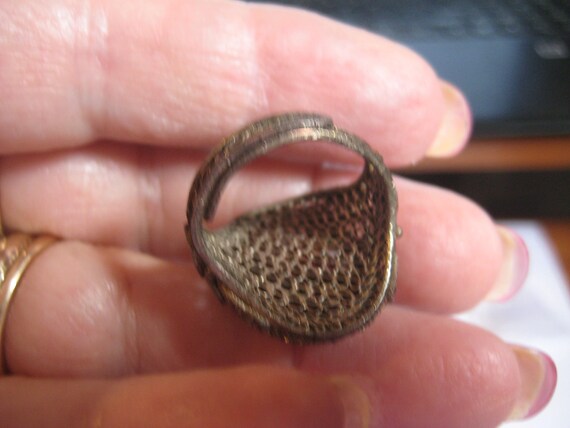 1920s  Chinese Import Mens Adjustable Shank Ring with Asian Man Picture Under Glass View 3