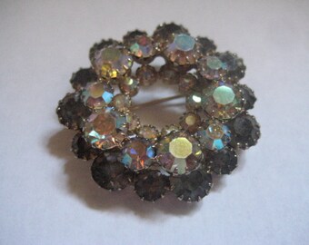 Continental Crystal AB and Black Diamond Tri Level Circle Pin in Gold Plate