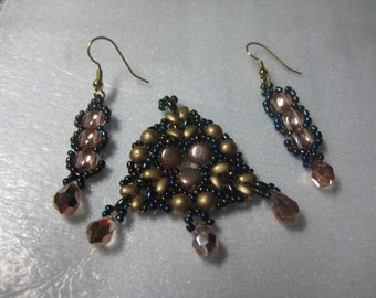 Round Duos Disc Duos Twin Beads Drop Beads Pendant and Pierced Wire Earrings in Copper and Iris Blue