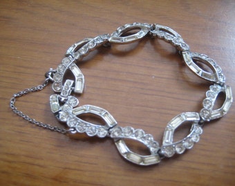 Vintage 50s ORA Link Bracelet with Chaton and Baguette Rhinestones in Rhodium Plating