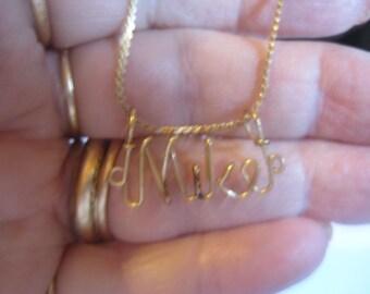 1940s Wire Necklace with MIKE Formed of Wire on 18 Inch Gold Tone Steel Chain