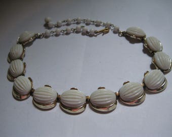 Vintage Milk Glass Melon Shaped Stones in Gold Tone with Milk Glass Beads Choker