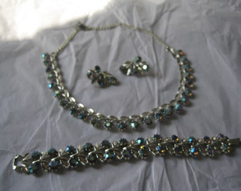60s Unmarked Beauty 3 Piece Parure of Rhinestones in Bracelet Necklace and Clip On Earrings in A Floral Design