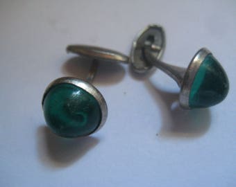 Rhodium Plated Victorian Cufflinks with Green Stones Or Silver and Gold