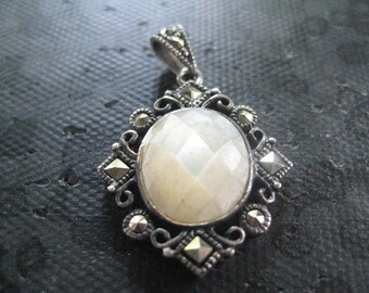 925 JC Marked Mother of Pearl and Marcasite Oval Pendant