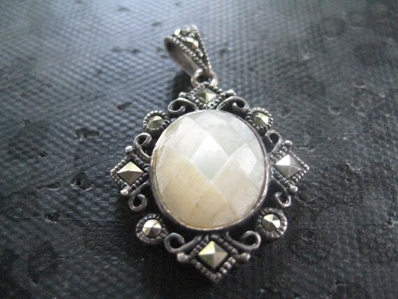 925 JC Marked Mother of Pearl and Marcasite Oval Pendant Etsy