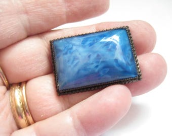 Very Unusual Art Glass Rectangular Domed Brooch in Silver Tone Metal