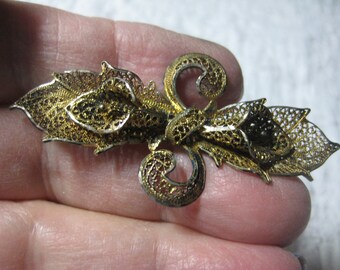 Antique  Flower Pin Filigree Sterling Vermeil Filigree