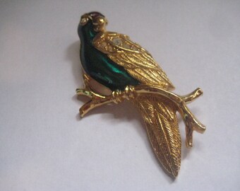 AVON Marked Goldtone Bird Figural Green and Purple Enamel and Rhinestone Eye