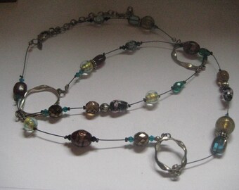 CHICOS Vintage Beaded Necklace with Large Silver Plated Twisted Hoops