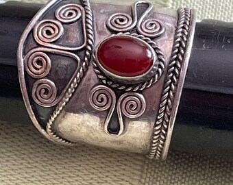 Cigar Band Ring With Red Oval  Stone Sterling Tested unmarked  One of a Kind Handmade Ring 3.84 Gms