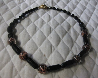 60s Jet Faceted Glass and Gold Foiled Clear Beads in 16" Choker
