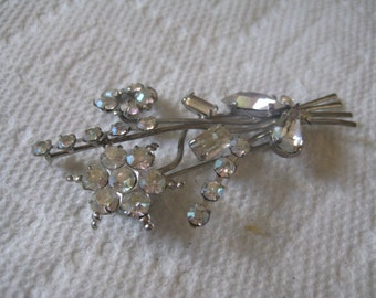 Unsigned Austrian Flower Brooch in Crystal AB Chatons Baguettes and Pear Cut Rhinestones