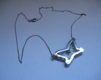 Art Deco Camphor Glass Butterfly Pendant Necklace with Diamond in Sterling
