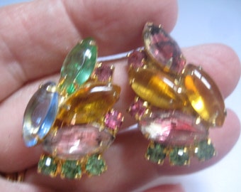 D&E Clip On Earrings with Unmatched Rhinestones Cab Top and Unfoiled