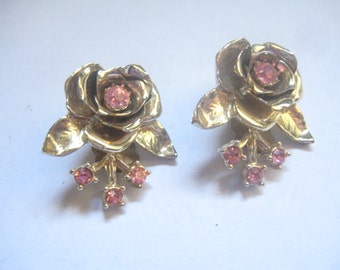 CORO Roses with Rose Rhinestones in Gold Tone Metal Clip On Earrings