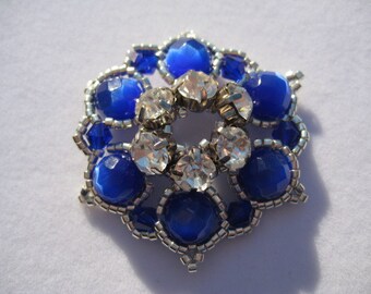 Stunning Medium Blue Cats Eye Beads and Rhinestones Pendant by ME
