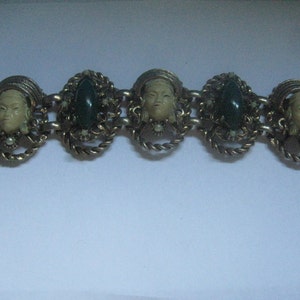 Vintage Selro Selini Asian Princess Panel Bracelet with Jade Cabochons and Faux Pearls