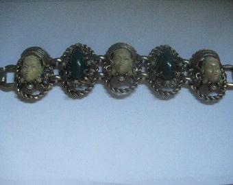 Vintage Selro Selini Asian Princess Panel Bracelet with Jade Cabochons and Faux Pearls