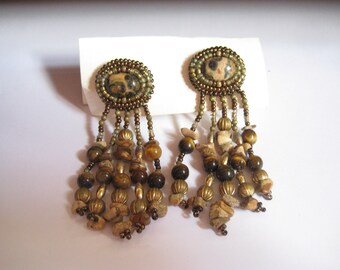StunningTigereye Corrugated Beads and Gemstone Chips Dangle Earrings in Pierced Posts