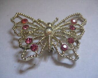 Gold Plated Filigree Butterfly Pin with Rose Rhinestones Mint Condition