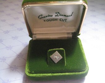 60s Square Shaped Tie Tack in Silver Tone Metal with Diamond Chip In Original Green Flocked Box
