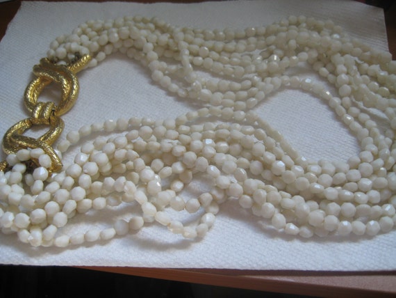 BRANIA 10 Strand 50s Ivory and Gold Knots Necklac… - image 1