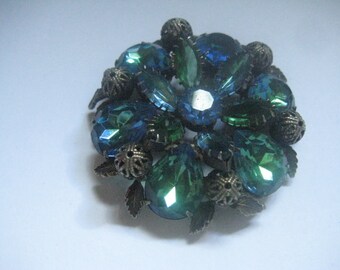 Juliana DeLizza and Elster Rhinestone Pin Blue & Green Stones Japanned Metal and Metal Filigree Beads
