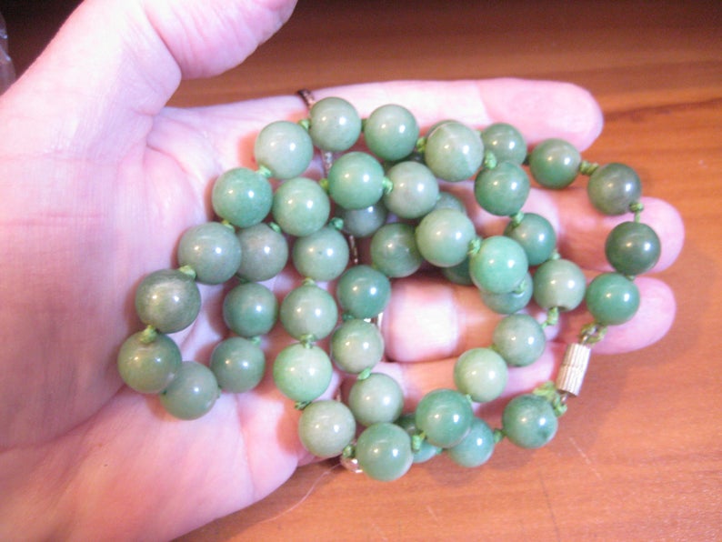 Natural Color Jade Beads Hand Tied with Silk and Barrel Clasp 24 Inches Long 46 11mm Beads