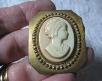Victorian Celluloid Cameo Curly Haired Lady with Necklace and Hair Band