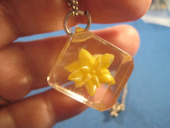 Back Carved Yellow Flower in Cube Shaped Lucite P… - image 3