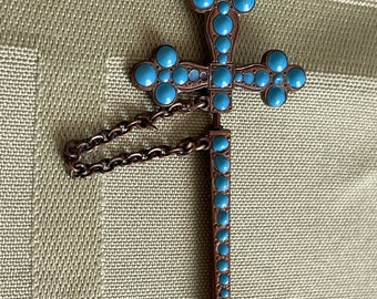 Depose O.G. Brass and Turquoise Glass Cross Sword Jabot Pin Stickpin