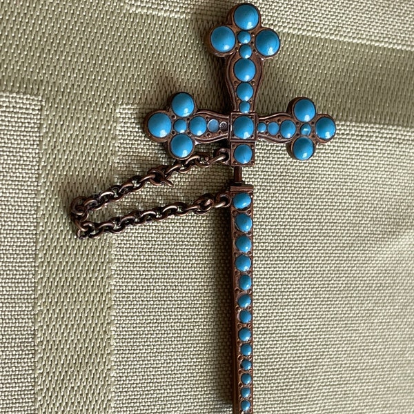 Depose O.G. Brass and Turquoise Glass Cross Sword Jabot Pin Stickpin