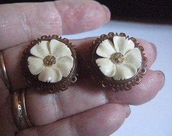 1940s Carved Bakelite and  Bovine Bone Flower Clip On Earrings