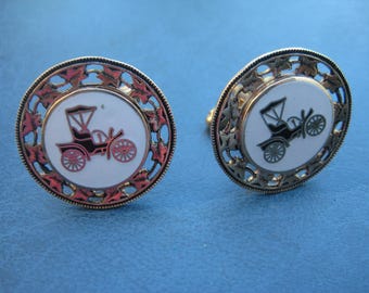 Vintage Bullet Back Horseless Carriage in White Enamel Gold Plated Cufflinks