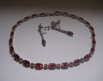 LEDO Choker and Screwback Earrings  Red and White Demi Parure of Rhinestones