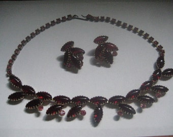 DeLizza and Elster AKA Juliana Pink and Red Demi of Red Poured Glass Navettes and Pink Rhinestones Choker and Clip On Earrings