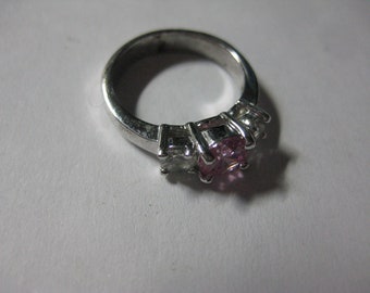 Silver Tone Cubic Zirconia Size 5 1/2 Trilogy Ring with Pink and Crystal Round CZs