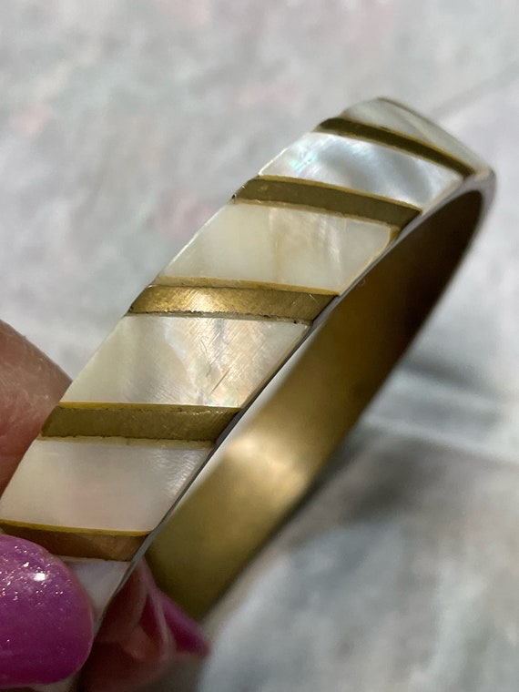 Antique Brass and Mother of Pearl Bangle Bracelet - image 7