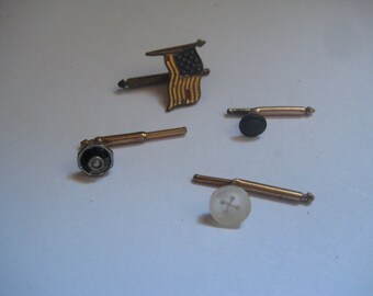 Lot of 4 Vintage Shirt Studs in Gold Plated Metal Mother of Pearl American Flag and Black Cabochon