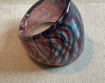 Hand Blown Dichroic Glass Domed Ring Blue and Brown on Silver